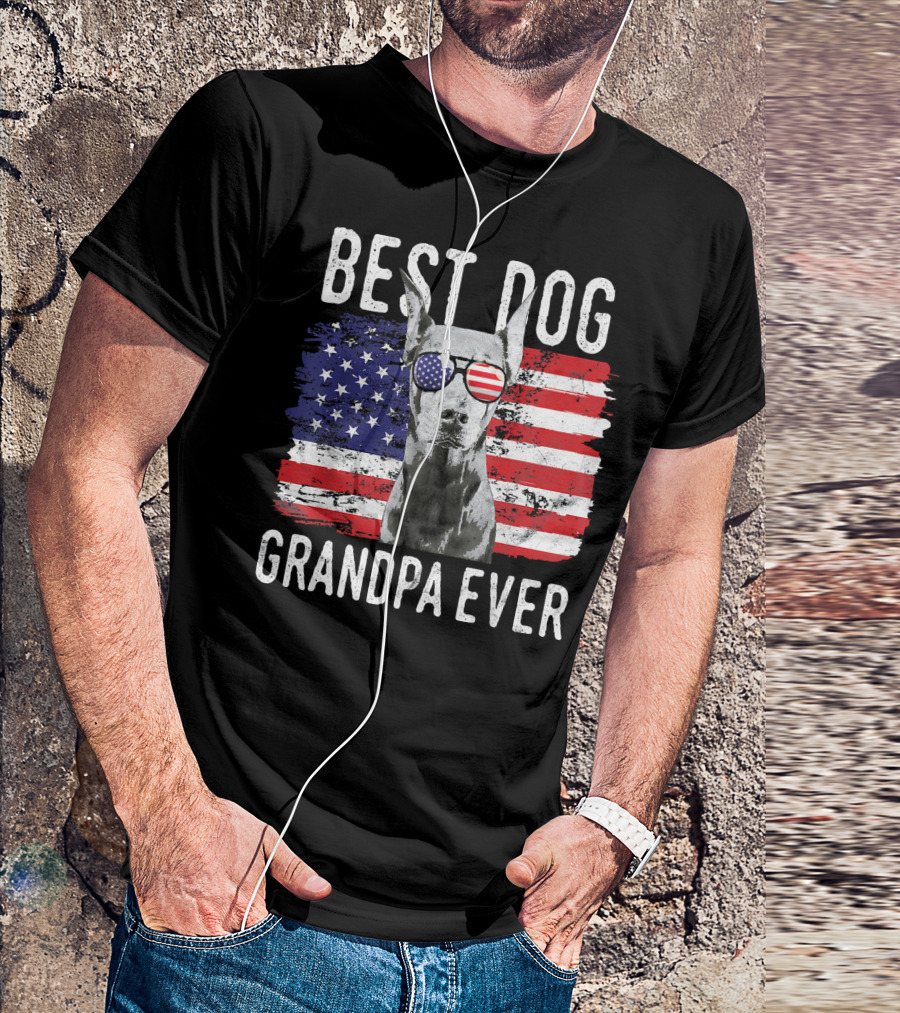 Mens Best Dog Grandpa Ever American Flag Sunglasses T-Shirt