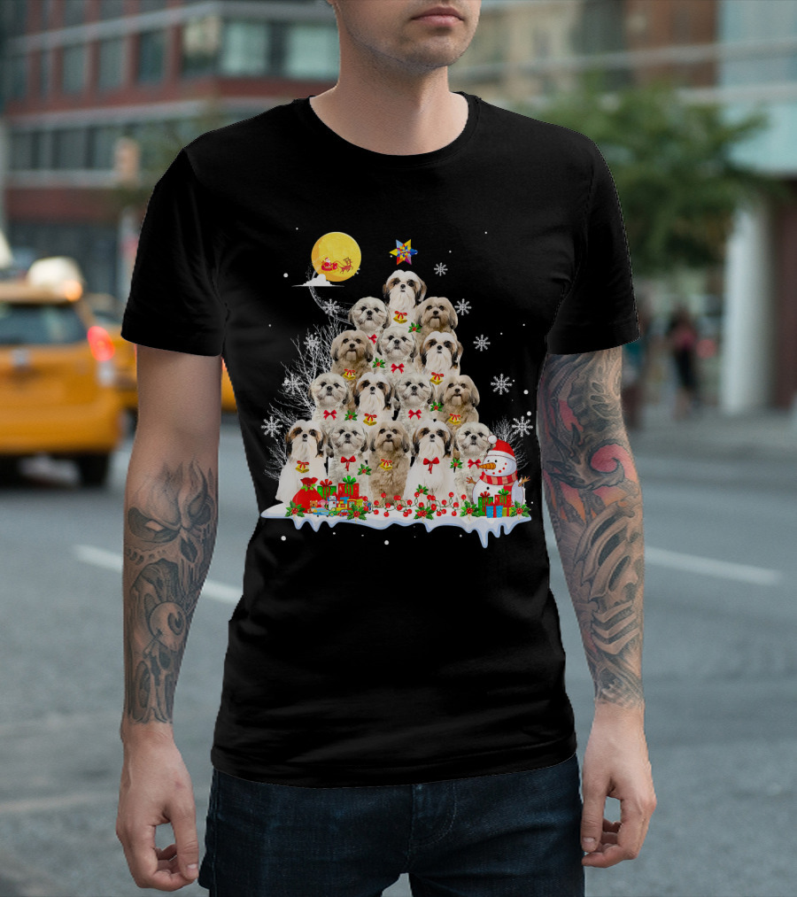 Shih Tzu Dog Christmas Tree Reindeer Santa Snowman Pine T-Shirt