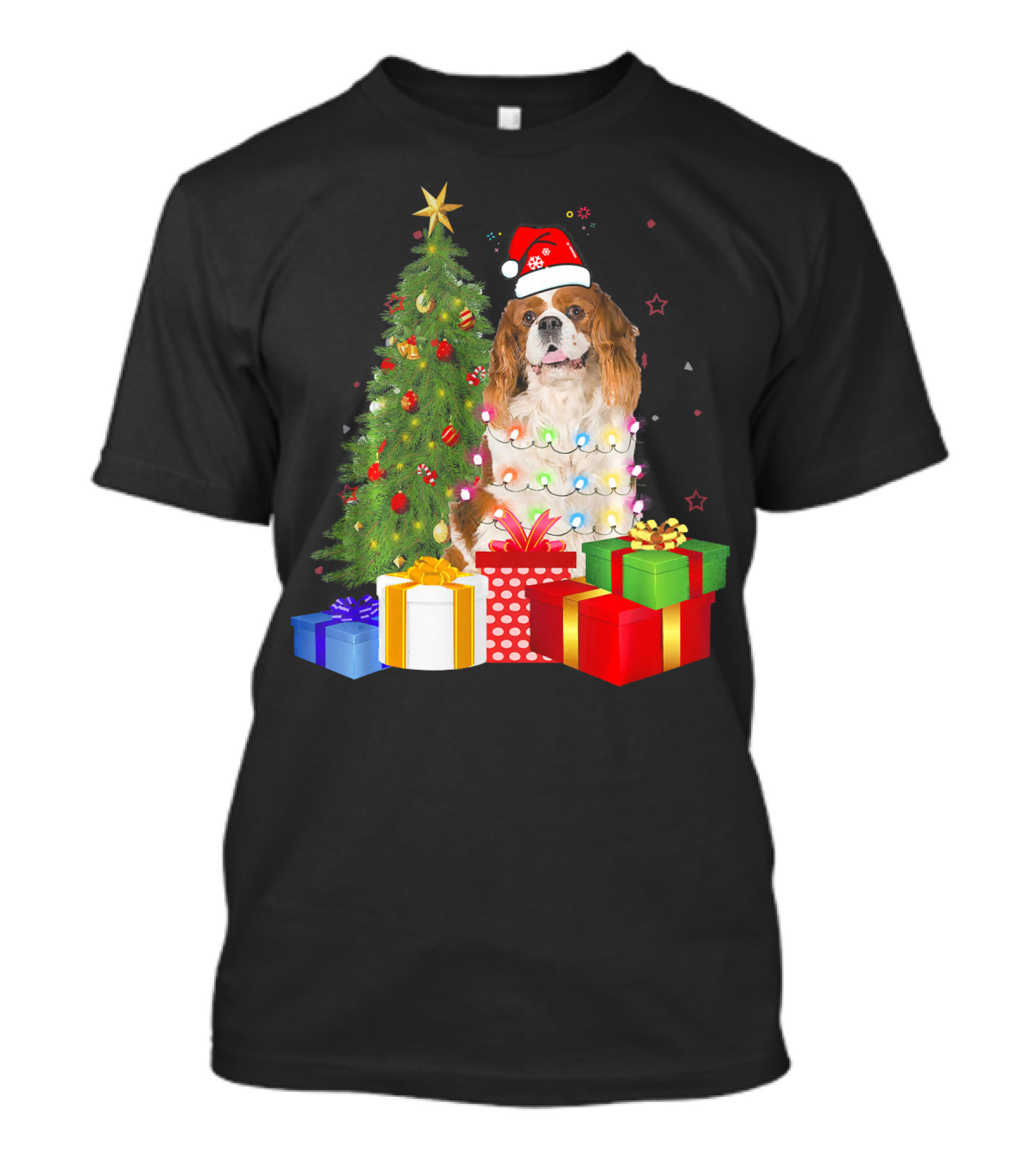 Cavalier King Charles Spaniel In Santa Hat With Christmas Tree And Gifts T-Shirt