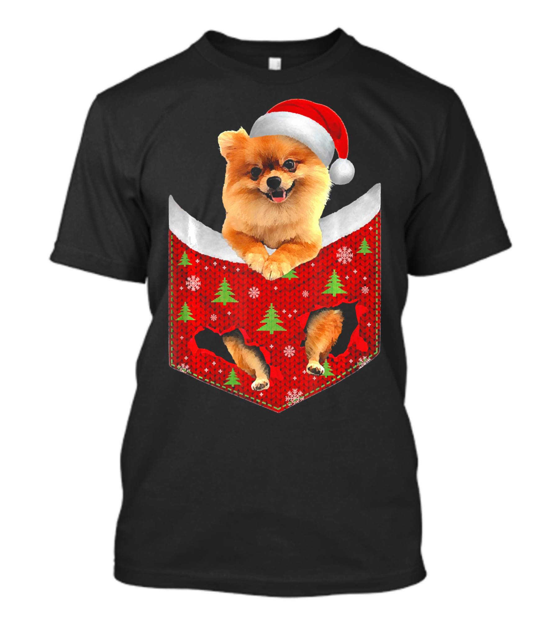 Pomeranian Dog In Christmas Pocket With Santa Hat And Festive T-Shirt