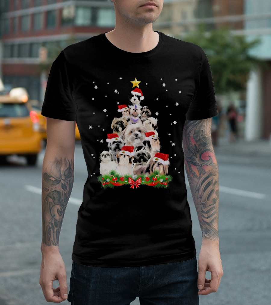 Shih Tzu Christmas Tree with Santa Hats and Snowflakes T-Shirt