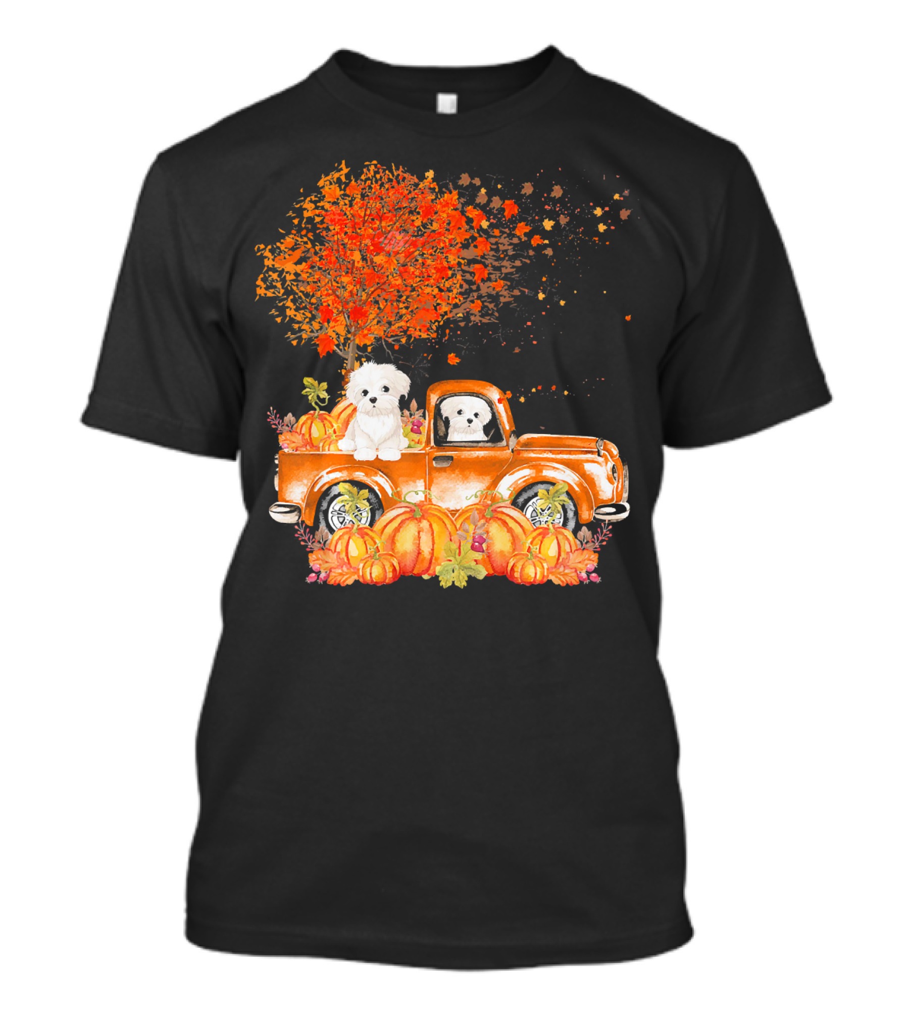 Maltese Dog Autumn Truck With Pumpkins And Leaves T-Shirt