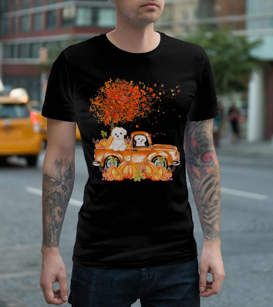 Maltese Dog Autumn Truck With Pumpkins And Leaves T-Shirt