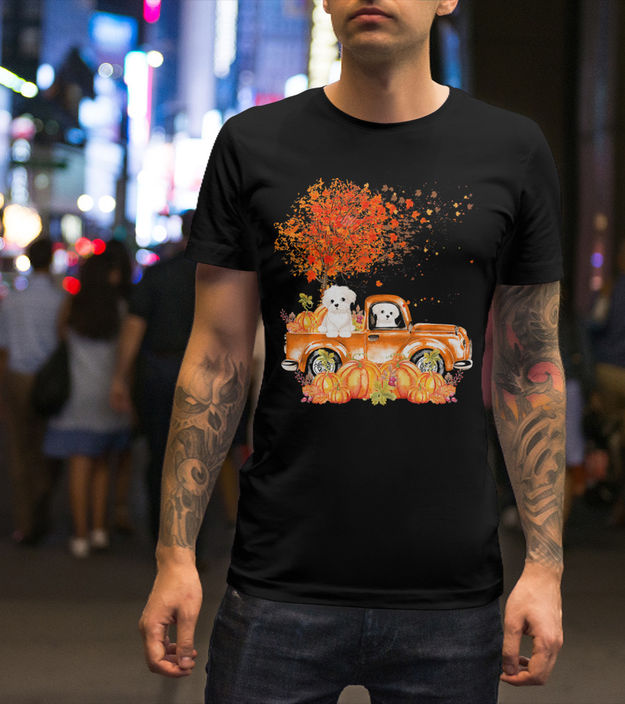 Maltese Dog Autumn Truck With Pumpkins And Leaves T-Shirt