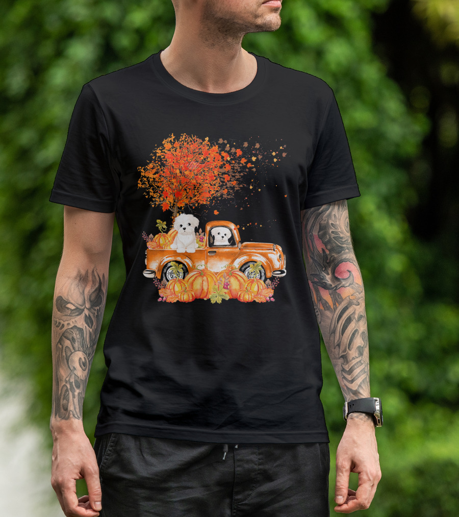 Maltese Dog Autumn Truck With Pumpkins And Leaves T-Shirt