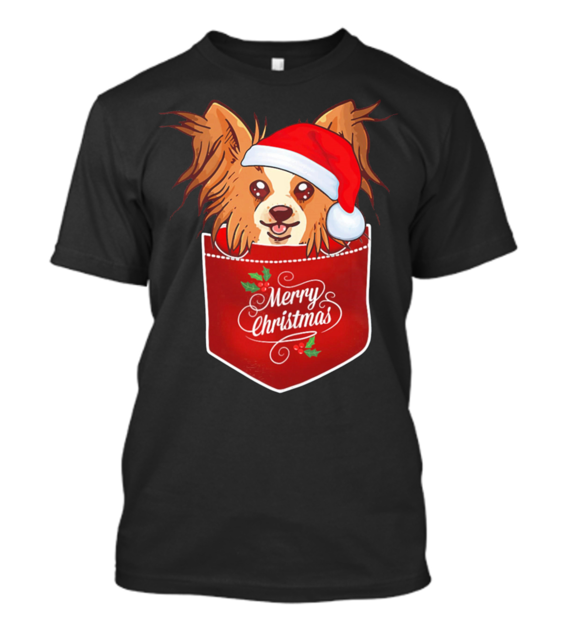Merry Christmas Papillon With Santa Hat In Pocket Dog T-Shirt