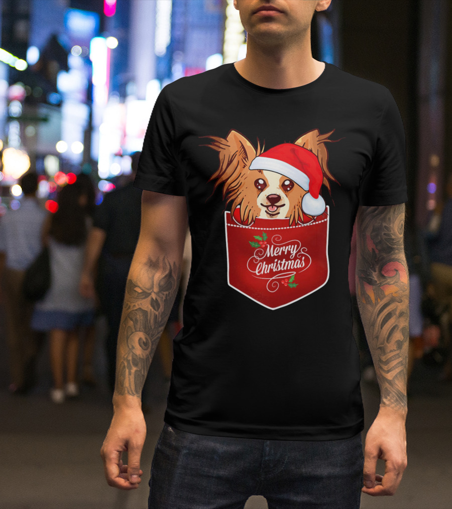 Merry Christmas Papillon With Santa Hat In Pocket Dog T-Shirt