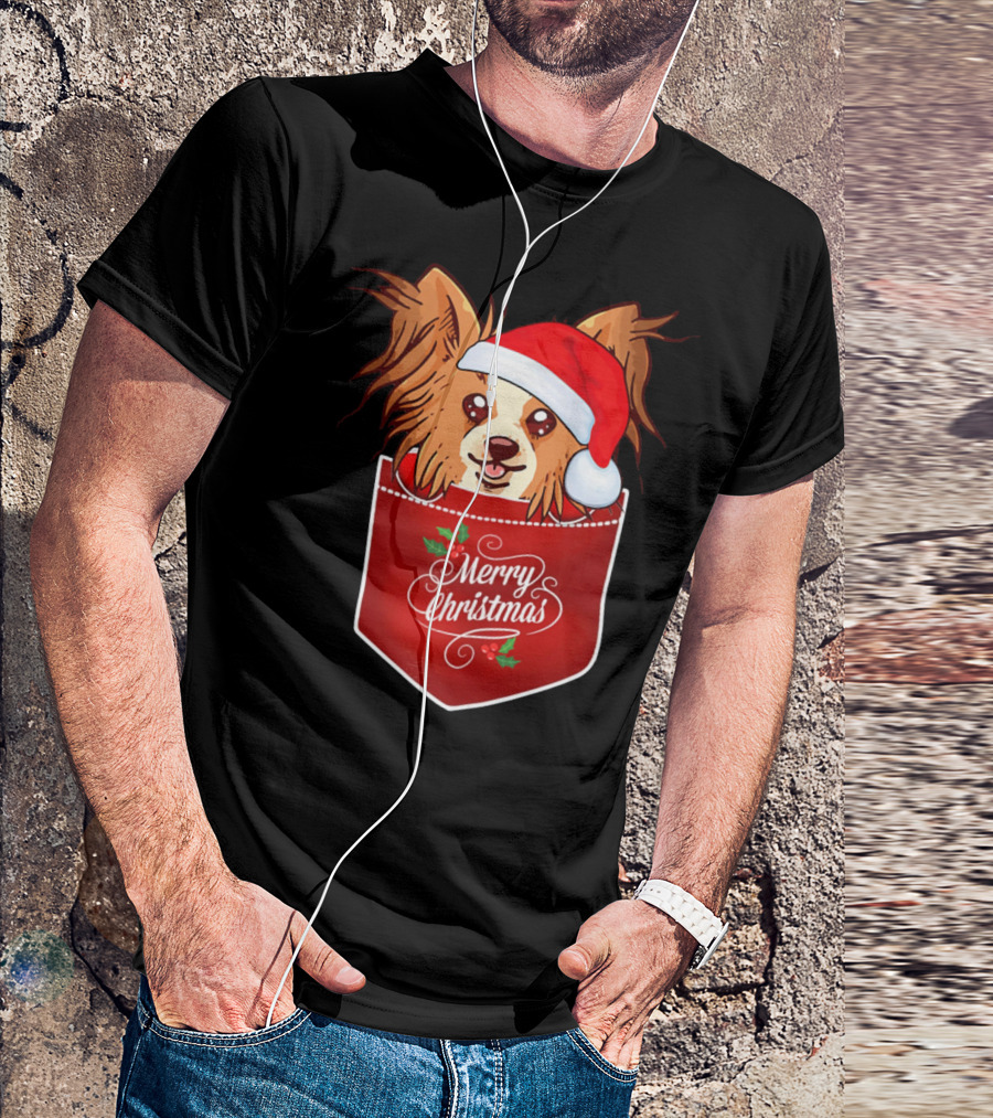 Merry Christmas Papillon With Santa Hat In Pocket Dog T-Shirt