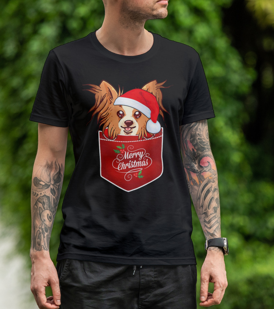Merry Christmas Papillon With Santa Hat In Pocket Dog T-Shirt