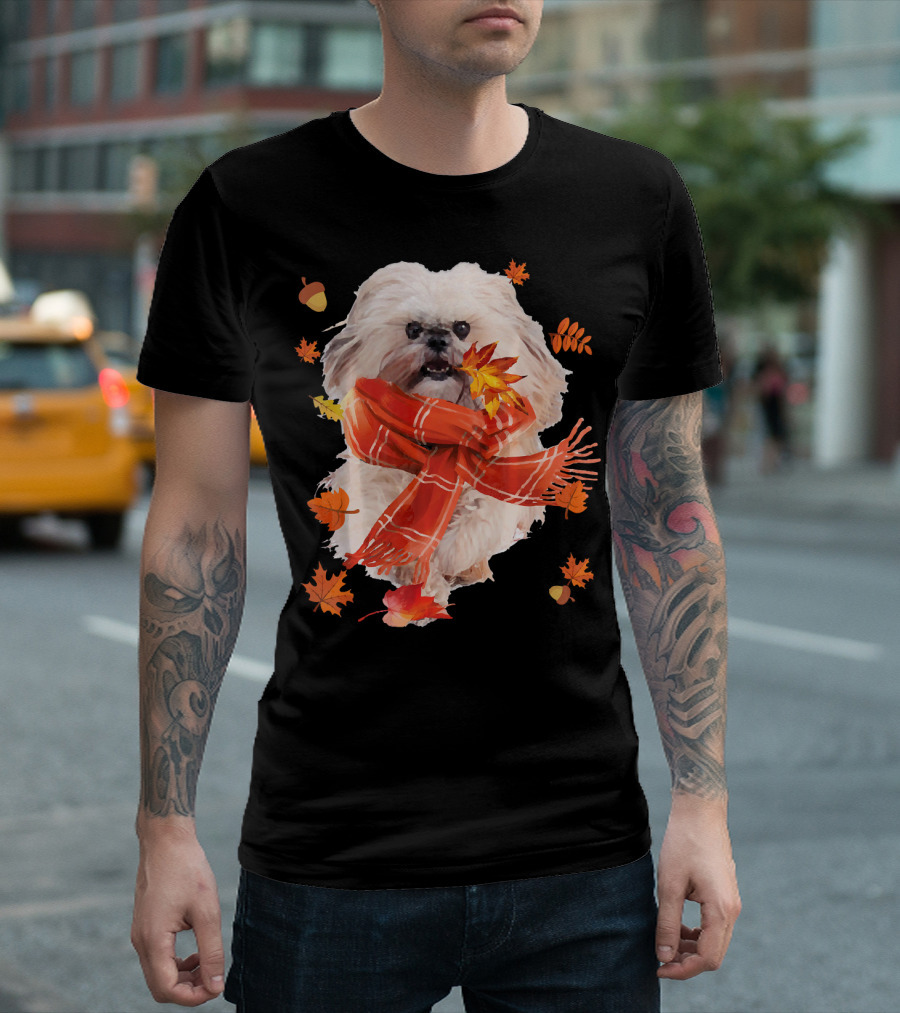 Cute Shih Tzu Dog With Autumn Leaves And Scarf T-Shirt