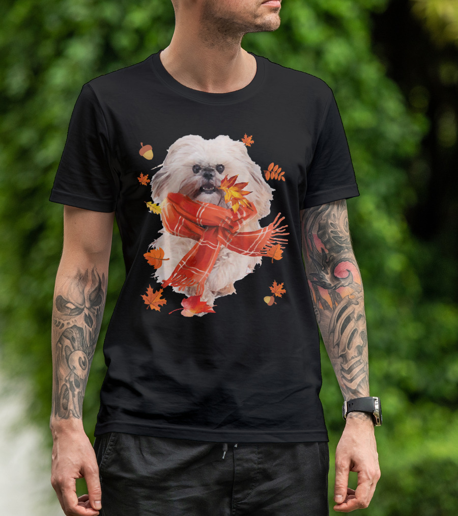Cute Shih Tzu Dog With Autumn Leaves And Scarf T-Shirt
