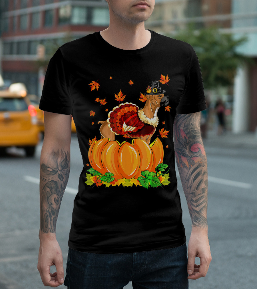 Thanksgiving Boxer Dog with Turkey Costume and Pilgrim Hat in Autumn Leaves and Pumpkin Patch T-Shirt