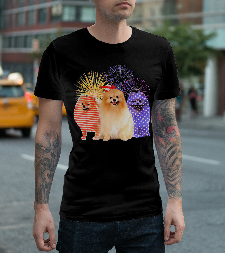 Funny Pomeranian America Flag Fireworks T-Shirt