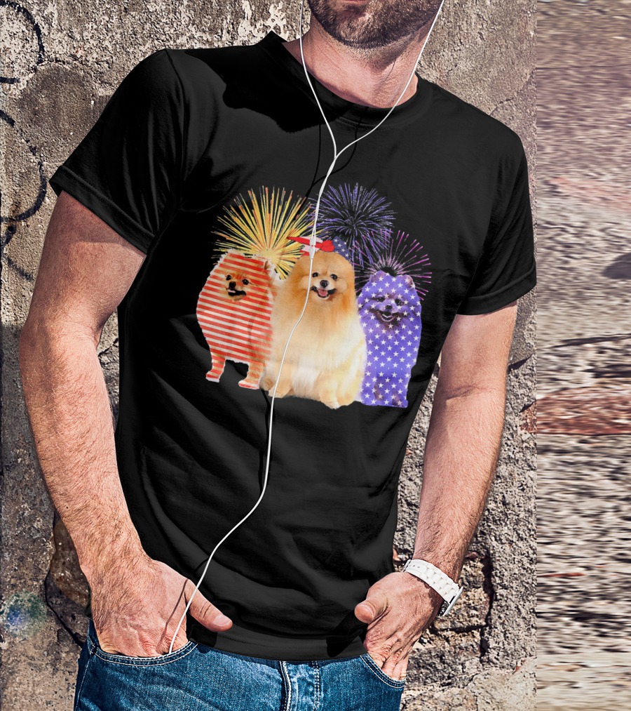 Funny Pomeranian America Flag Fireworks T-Shirt