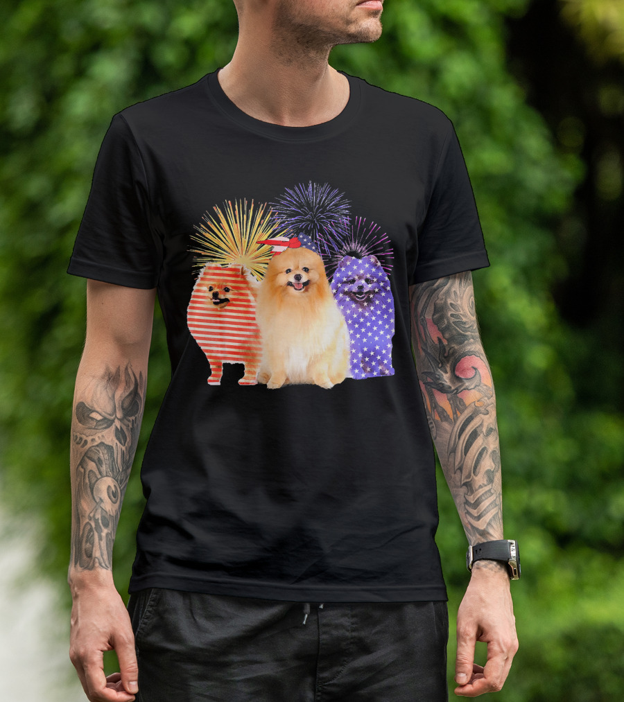 Funny Pomeranian America Flag Fireworks T-Shirt