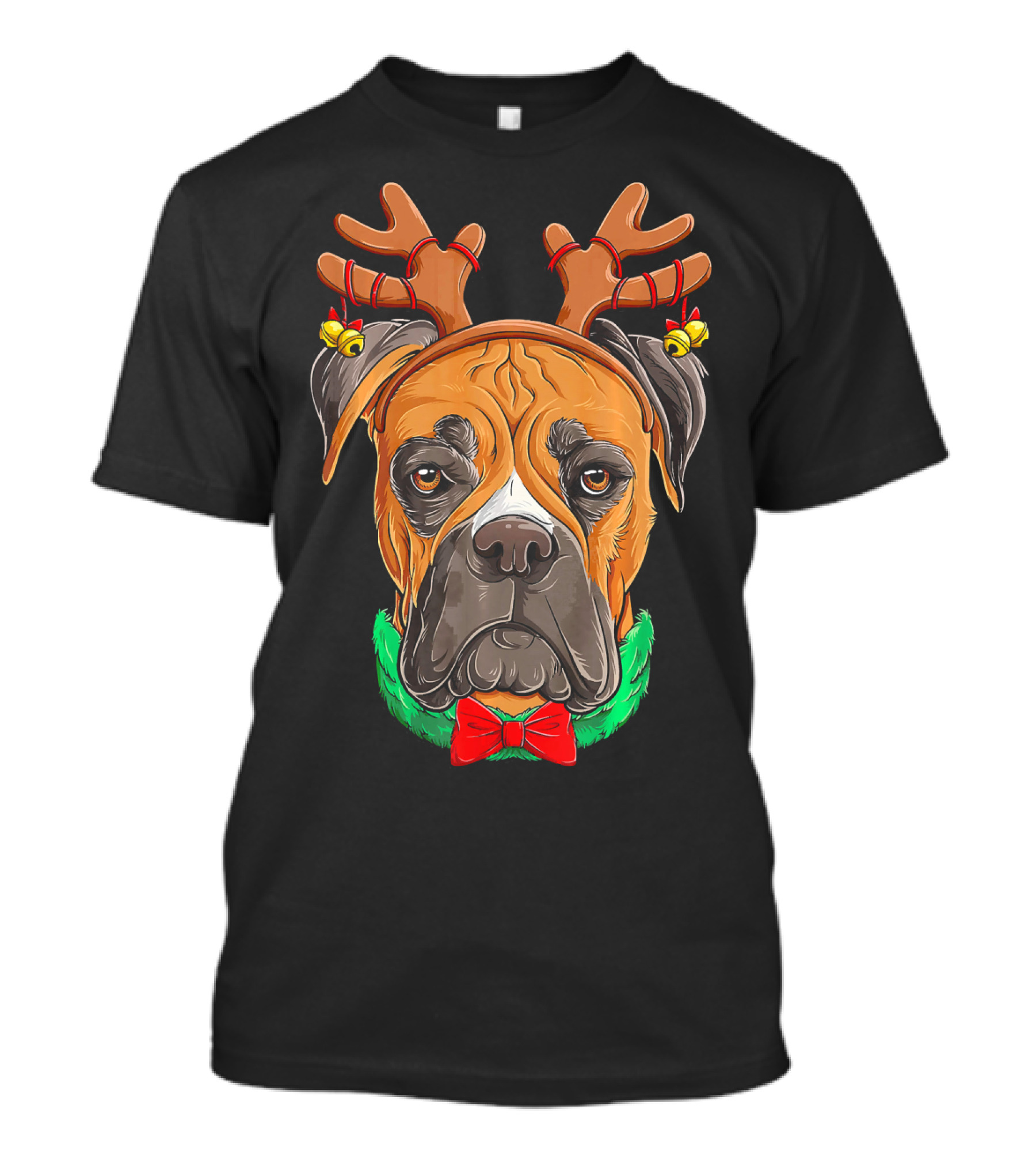 Boxer Dog With Christmas Reindeer Antlers And Red Bow Tie T-Shirt