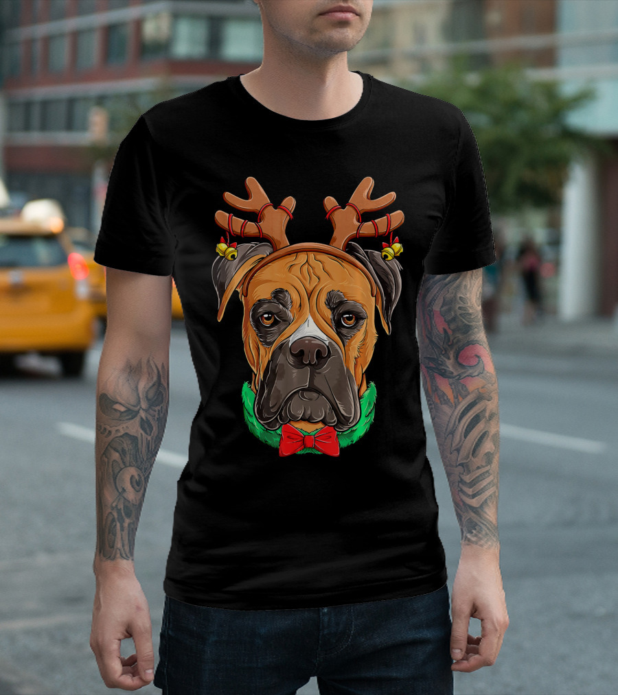 Boxer Dog With Christmas Reindeer Antlers And Red Bow Tie T-Shirt