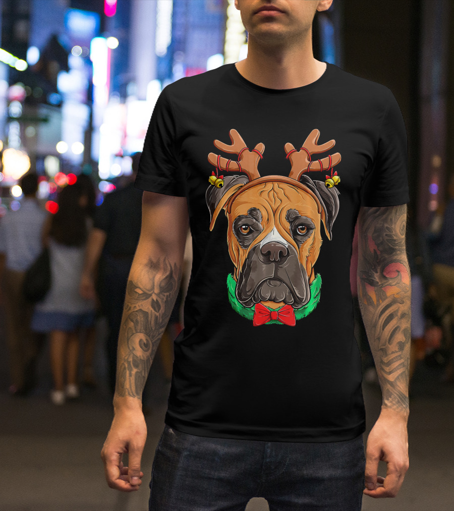 Boxer Dog With Christmas Reindeer Antlers And Red Bow Tie T-Shirt
