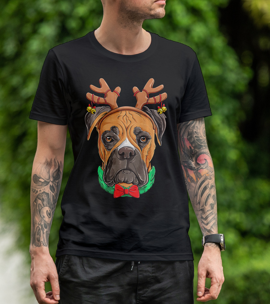 Boxer Dog With Christmas Reindeer Antlers And Red Bow Tie T-Shirt