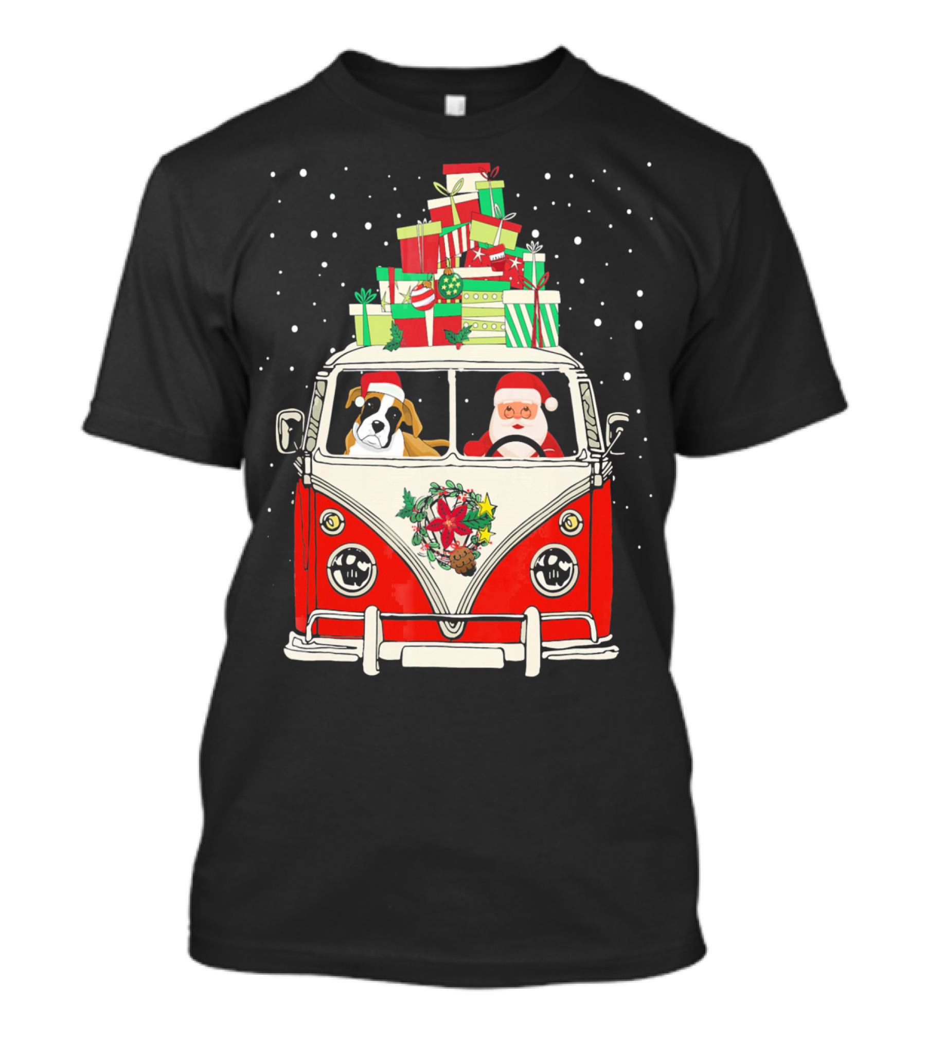 Santa And Boxer Dog Driving Red Camper Van With Christmas Gifts And Snowflakes T-Shirt