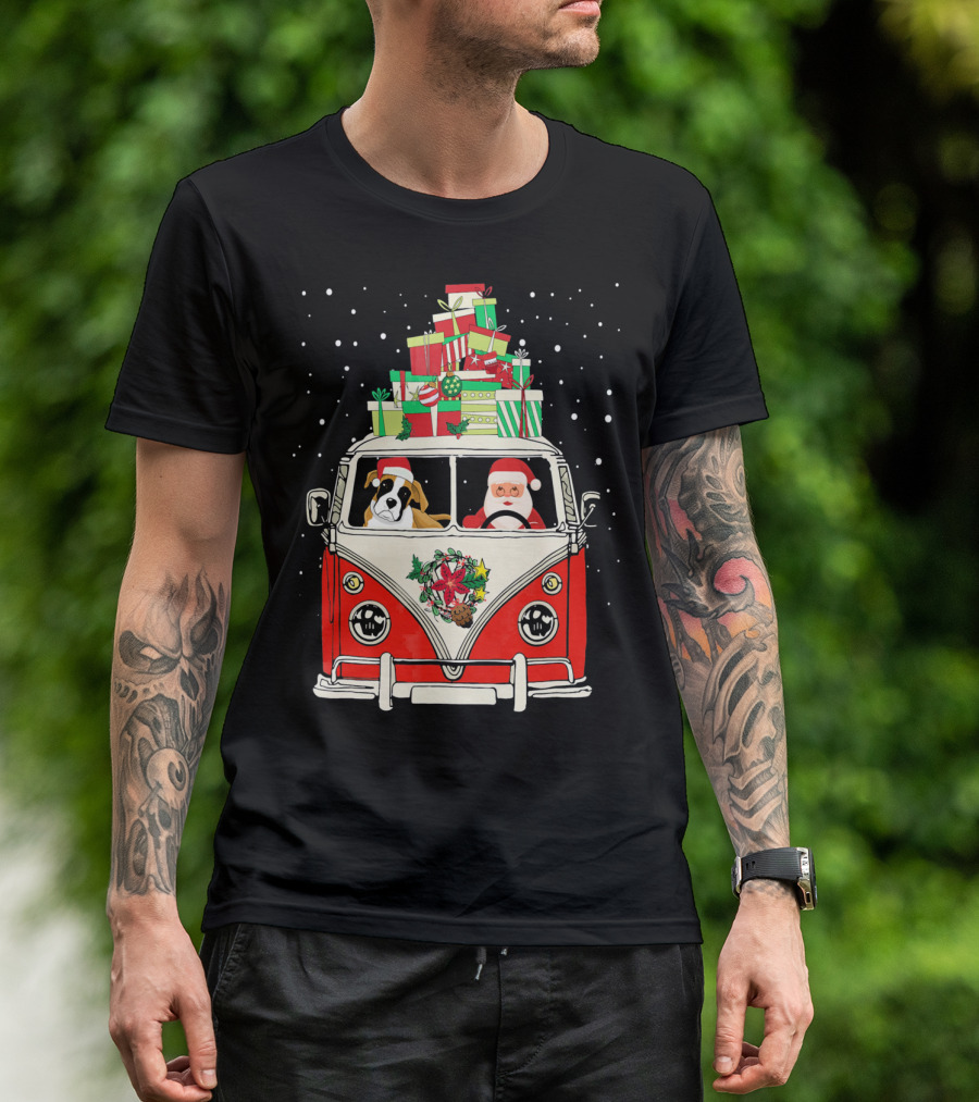 Santa And Boxer Dog Driving Red Camper Van With Christmas Gifts And Snowflakes T-Shirt