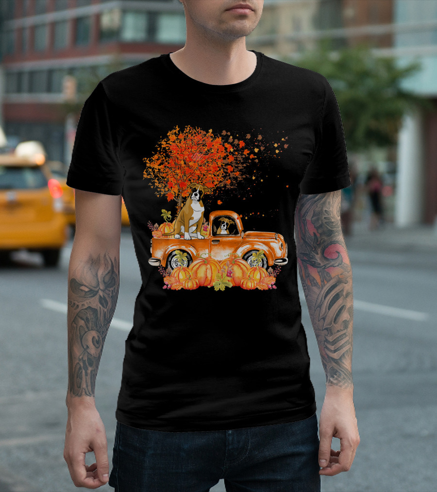 Boxer Dog on Orange Truck with Pumpkins and Autumn Leaves T-Shirt