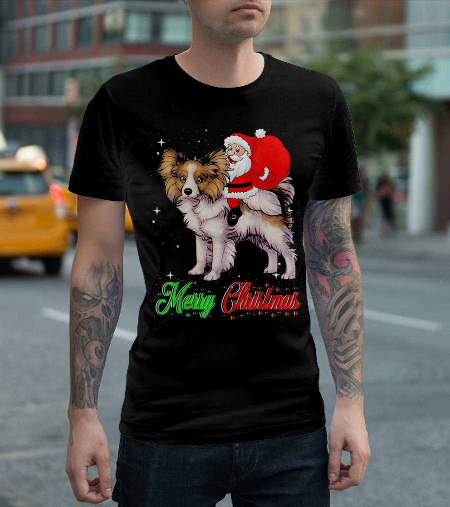 Merry Christmas Santa Riding Papillon T-Shirt