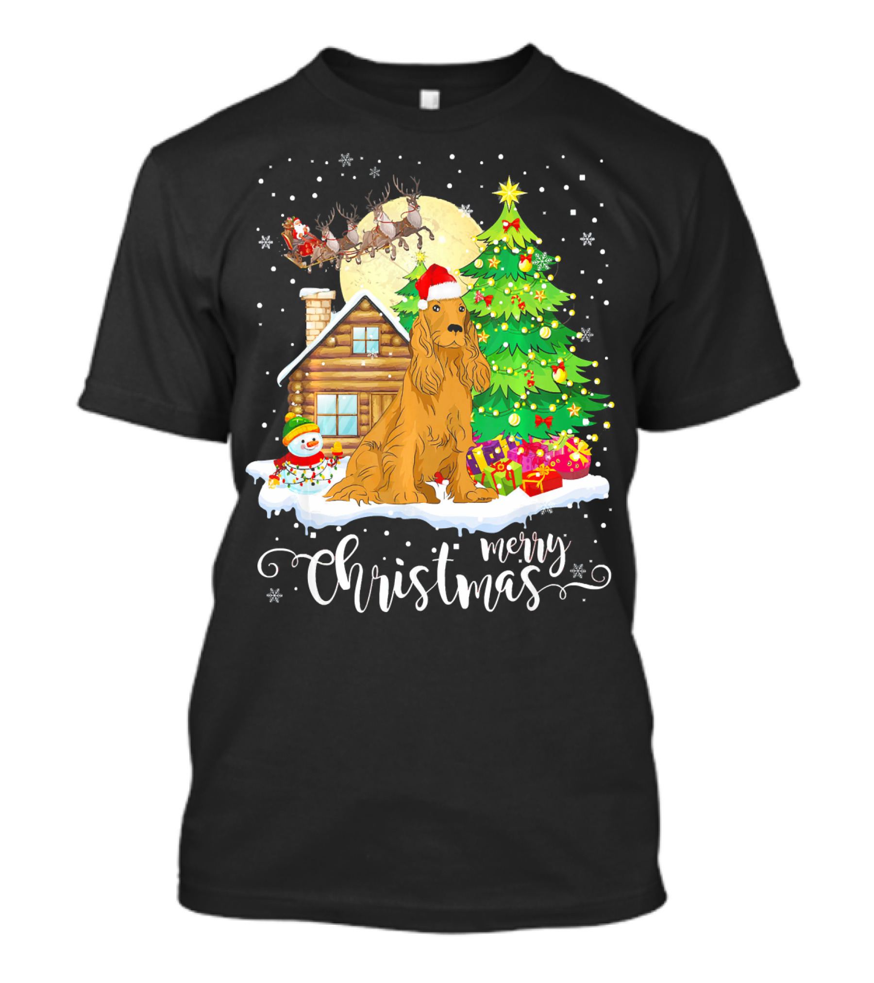 Merry Christmas Cocker Spaniel Santa Snowman Tree Cabin Moon T-Shirt
