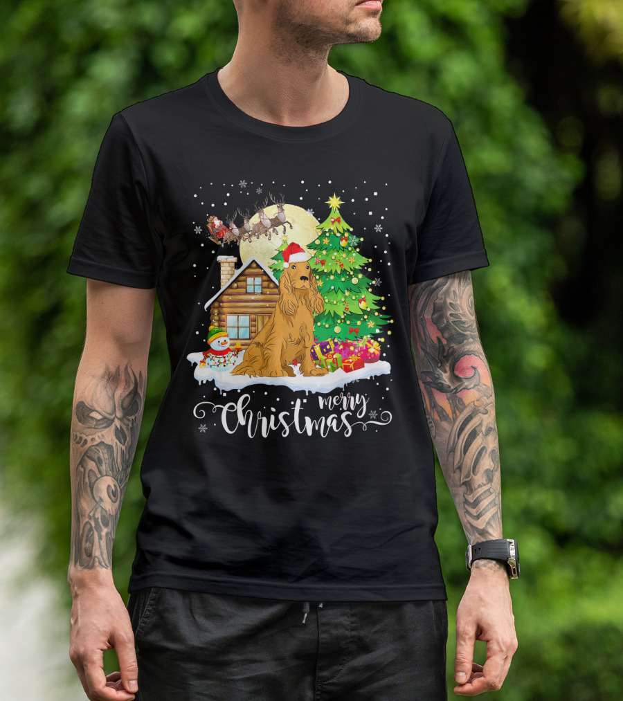 Merry Christmas Cocker Spaniel Santa Snowman Tree Cabin Moon T-Shirt