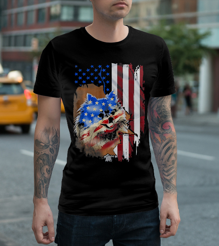 Pomeranian Dog With Tattoos In American Flag Colors T-Shirt