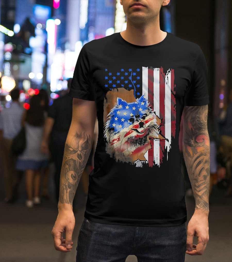 Pomeranian Dog With Tattoos In American Flag Colors T-Shirt