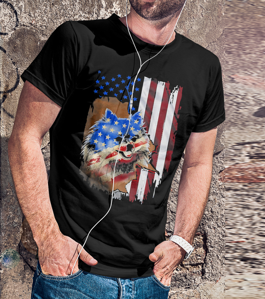 Pomeranian Dog With Tattoos In American Flag Colors T-Shirt