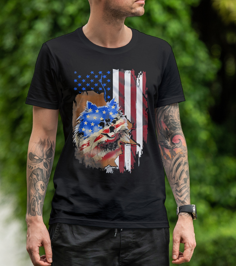 Pomeranian Dog With Tattoos In American Flag Colors T-Shirt