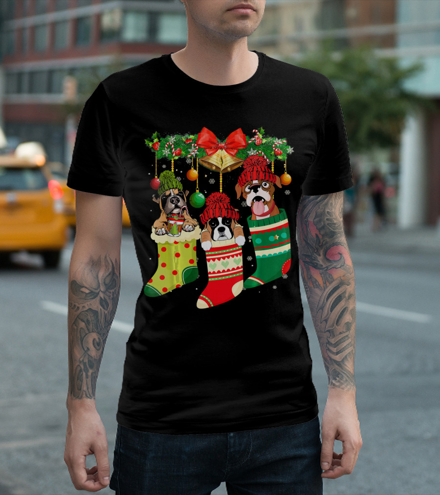 Funny Boxer Christmas Socks with Cute Dog Hanging in Festive Stockings T-Shirt