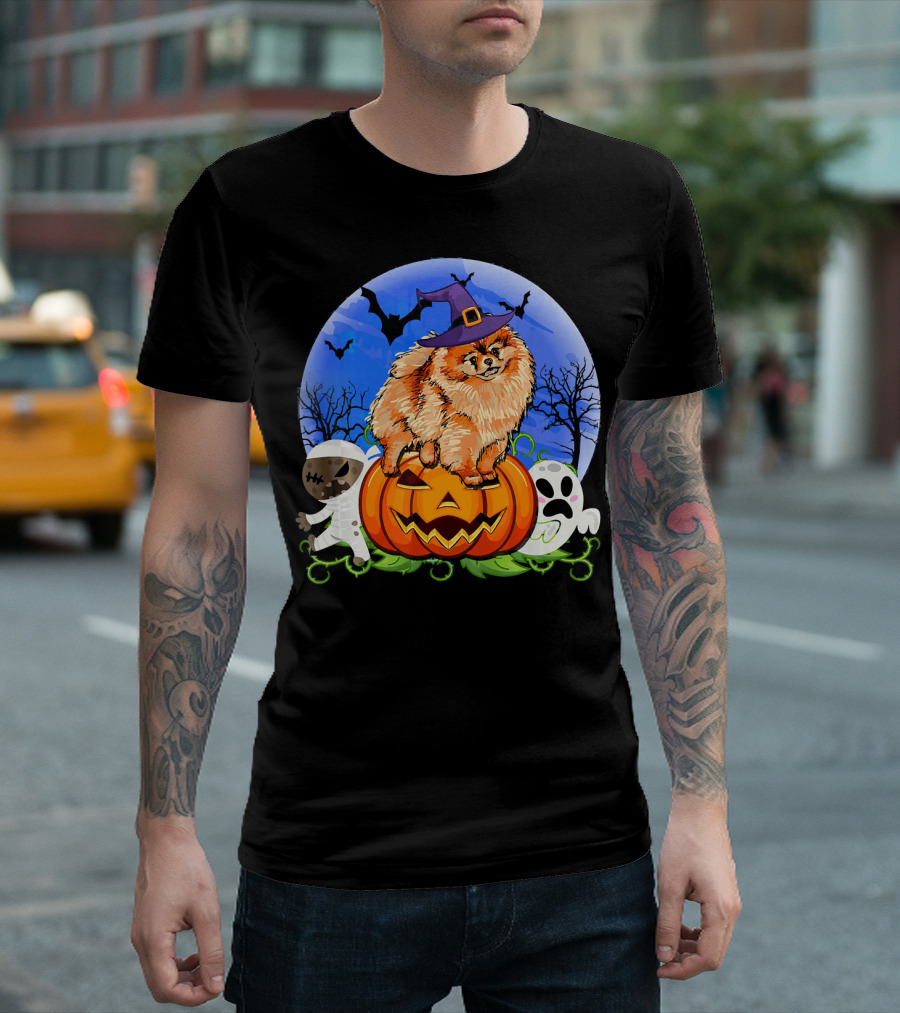 Halloween Pomeranian Witch on Pumpkin with Ghosts and Mummy T-Shirt