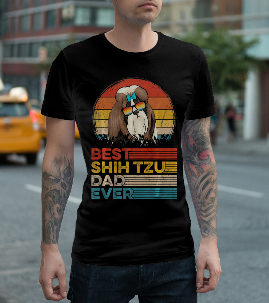Best Shih Tzu Dad Ever Vintage Dog Sunglasses Retro Sunset Bowtie T-Shirt