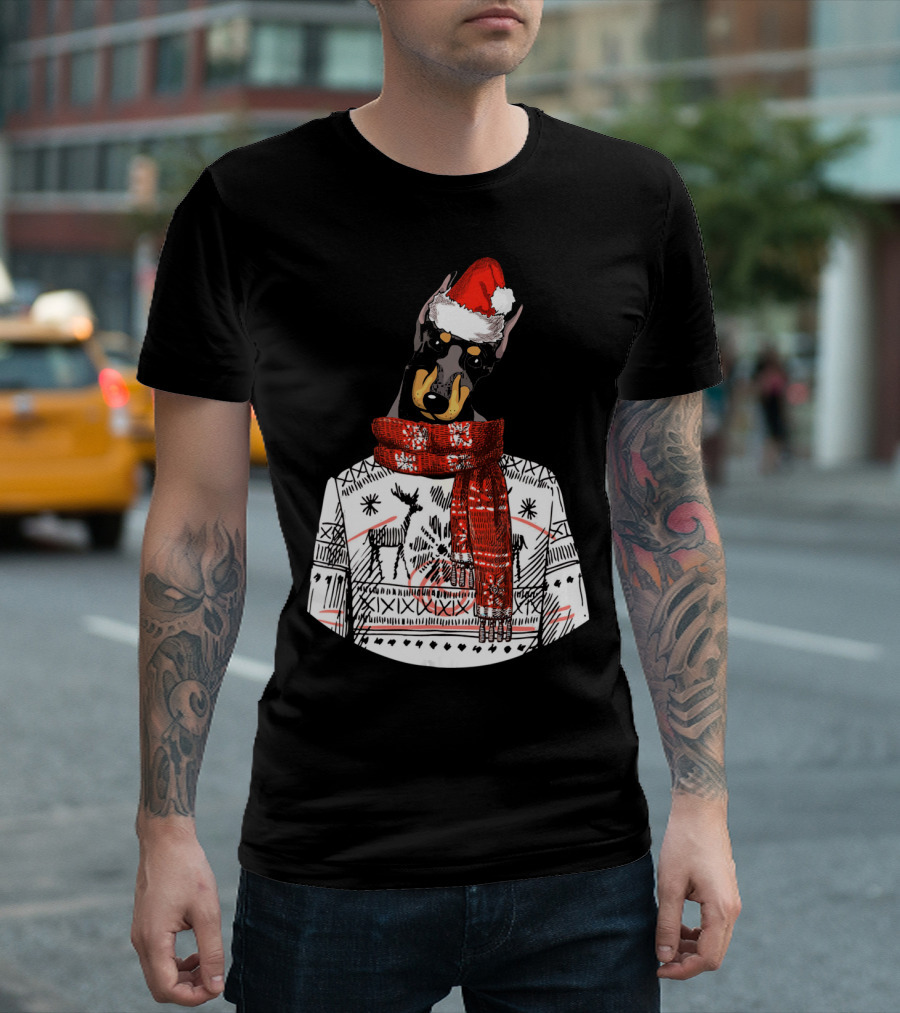 Ugly Christmas Sweater Doberman Dog with Santa Hat T-Shirt