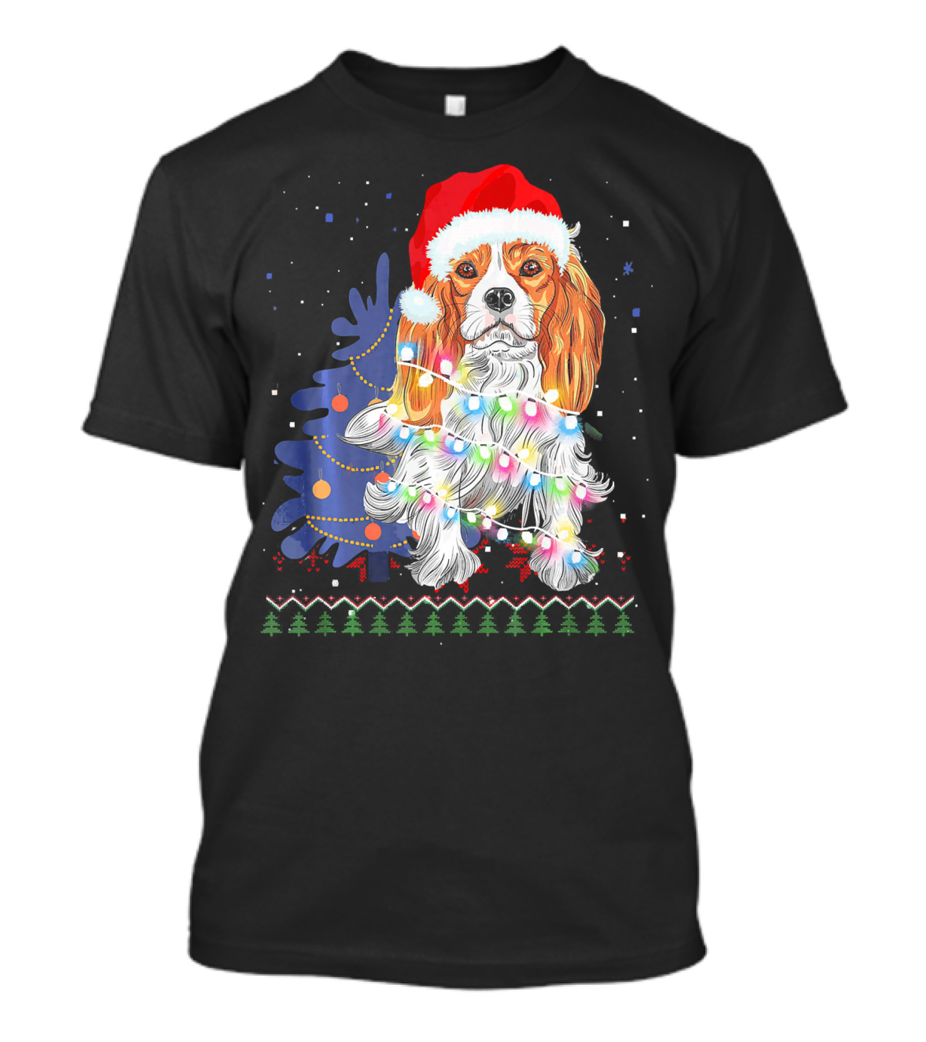 Santa Hat Cocker Spaniel With Christmas Lights And Tree T-Shirt