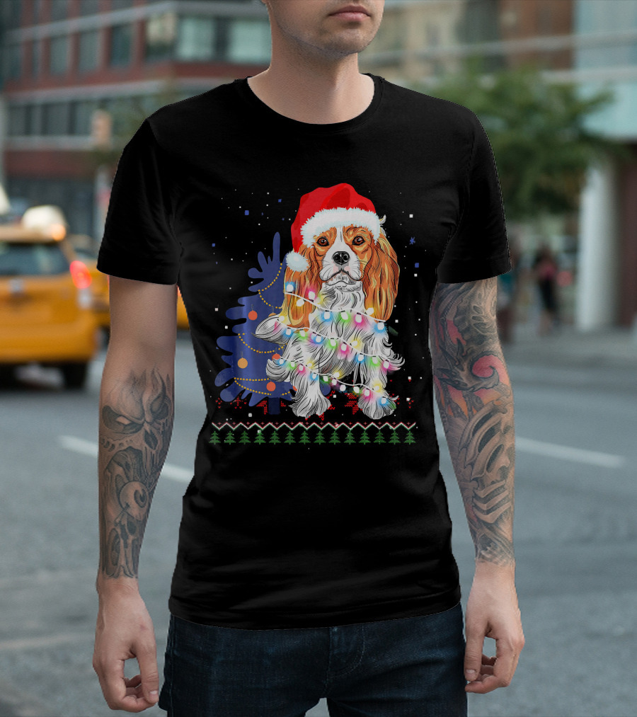 Santa Hat Cocker Spaniel With Christmas Lights And Tree T-Shirt