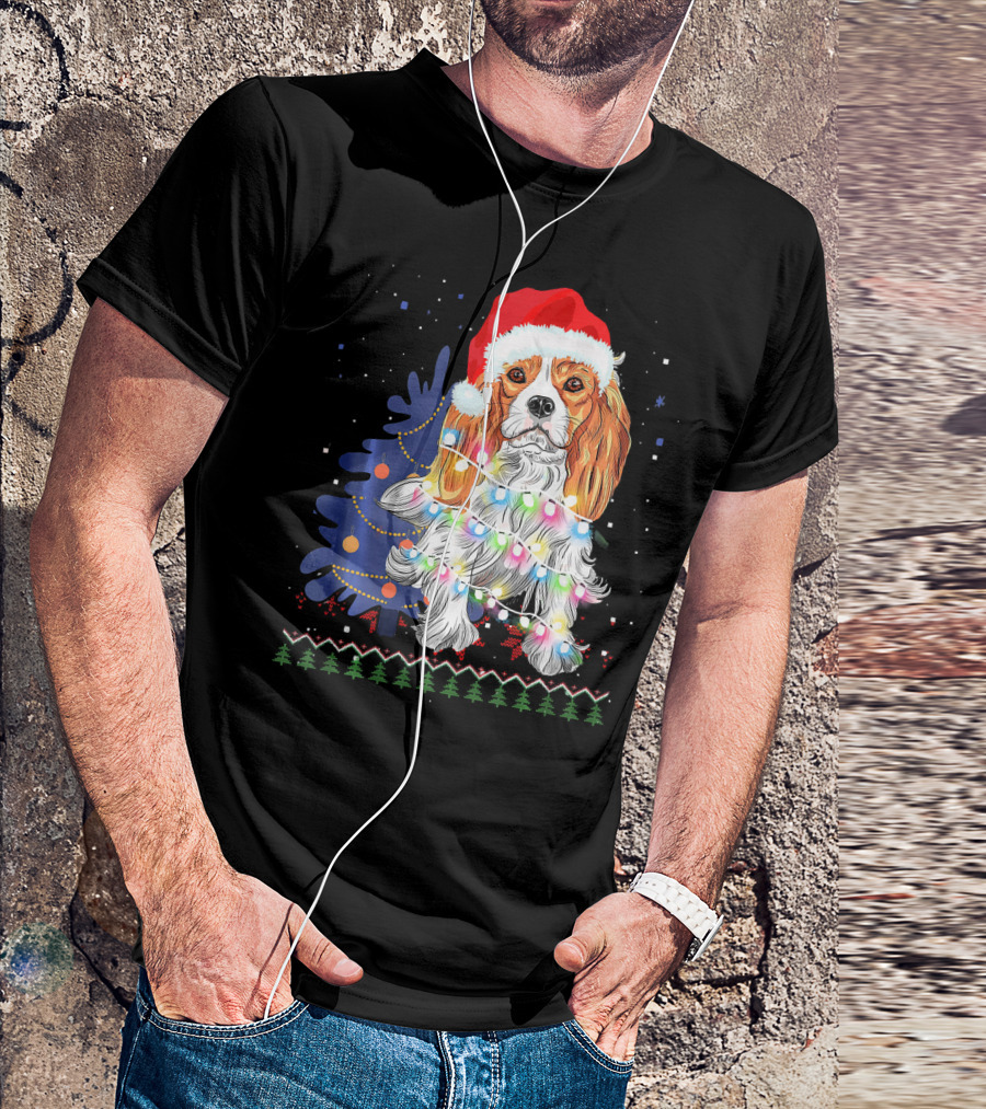 Santa Hat Cocker Spaniel With Christmas Lights And Tree T-Shirt