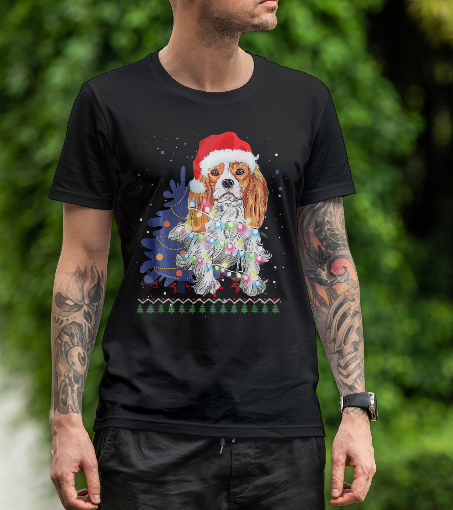 Santa Hat Cocker Spaniel With Christmas Lights And Tree T-Shirt