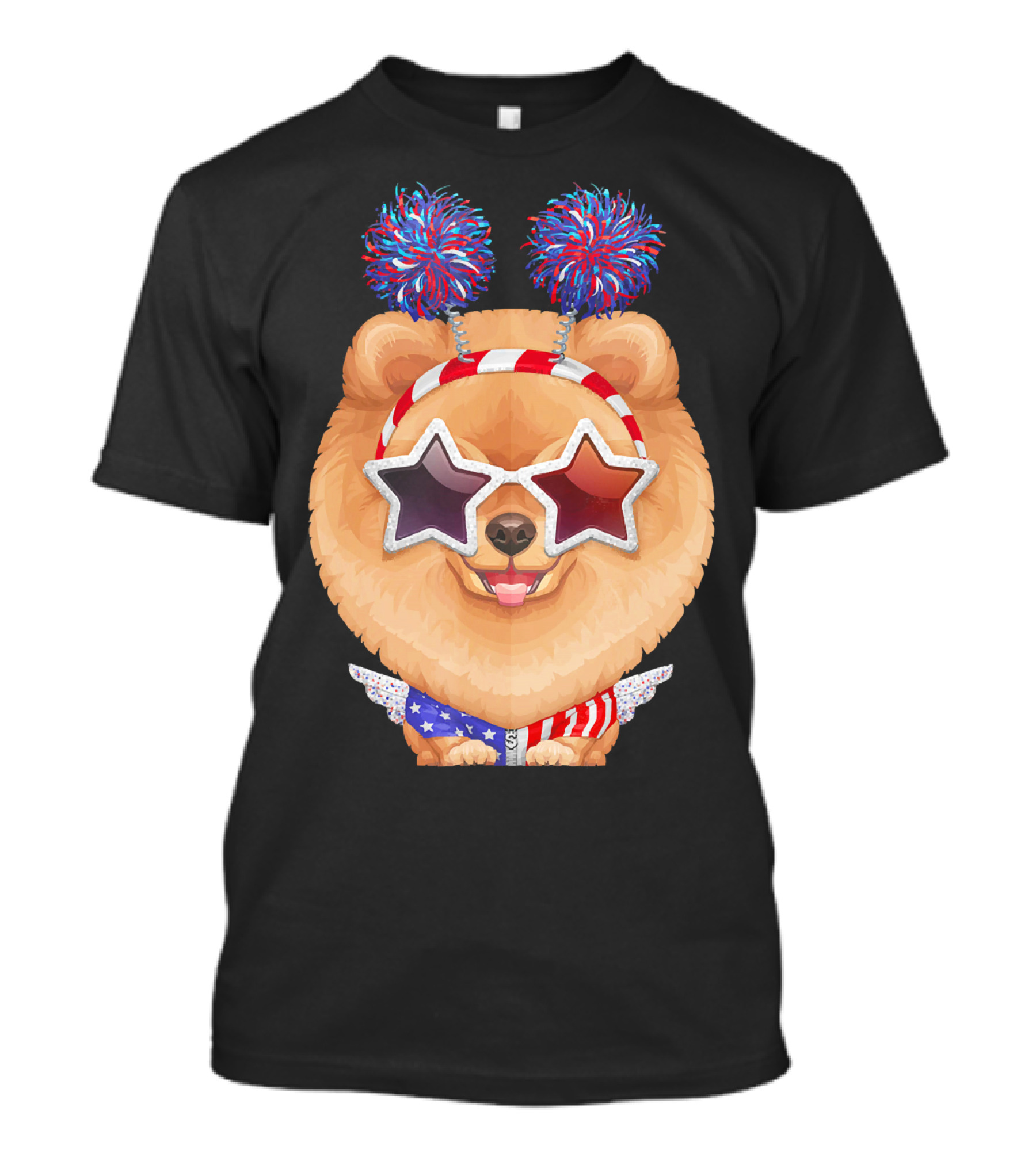 Orange Pomeranian Star Glasses Red White Blue Pom-Poms Stripes T-Shirt