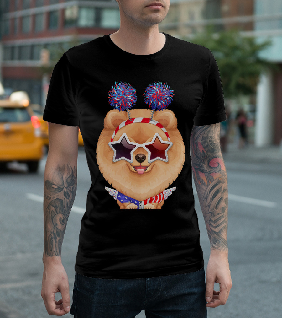 Orange Pomeranian Star Glasses Red White Blue Pom-Poms Stripes T-Shirt