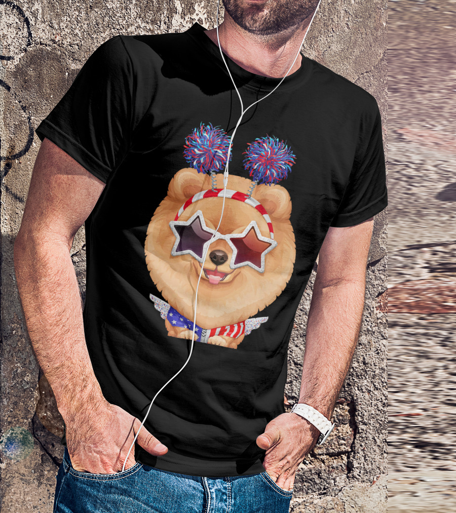 Orange Pomeranian Star Glasses Red White Blue Pom-Poms Stripes T-Shirt