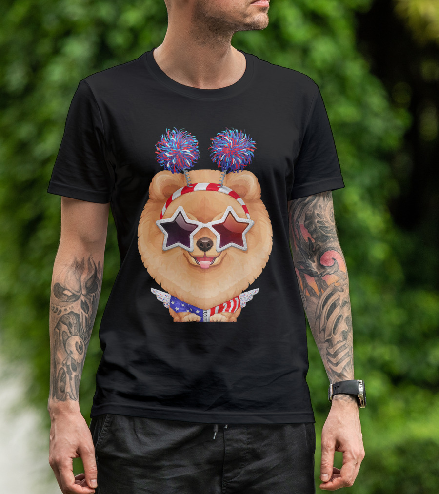 Orange Pomeranian Star Glasses Red White Blue Pom-Poms Stripes T-Shirt