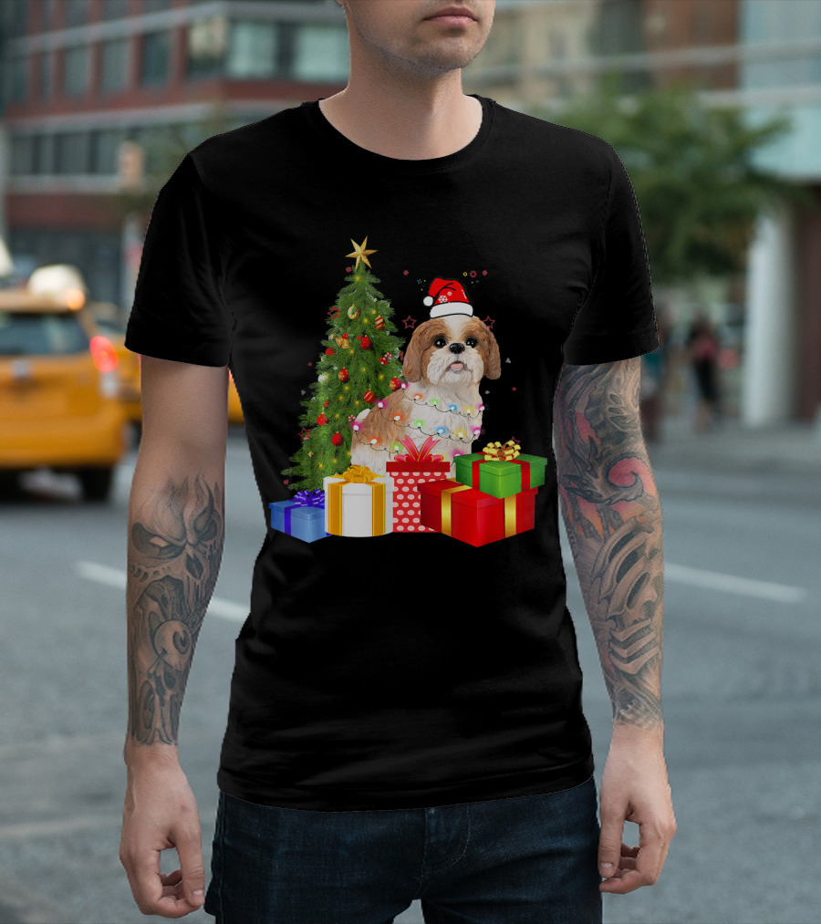 Santa Shih Tzu Dog Wrapped in Christmas Tree Lights with Presents T-Shirt