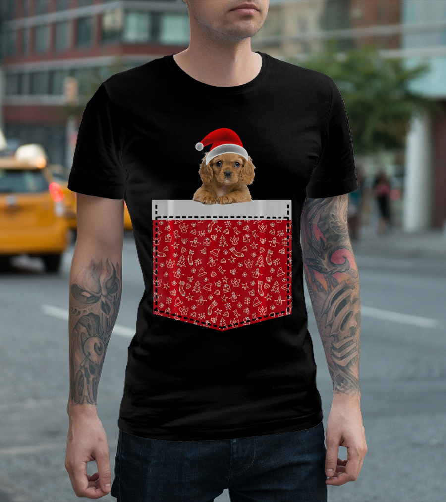 American Cocker Spaniel Christmas Santa Hat Pocket Dog In Inside T-Shirt