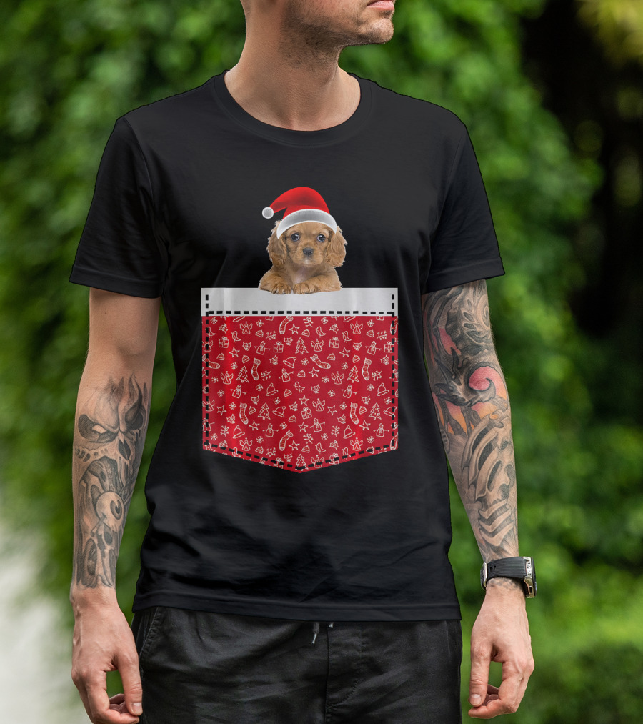 American Cocker Spaniel Christmas Santa Hat Pocket Dog In Inside T-Shirt