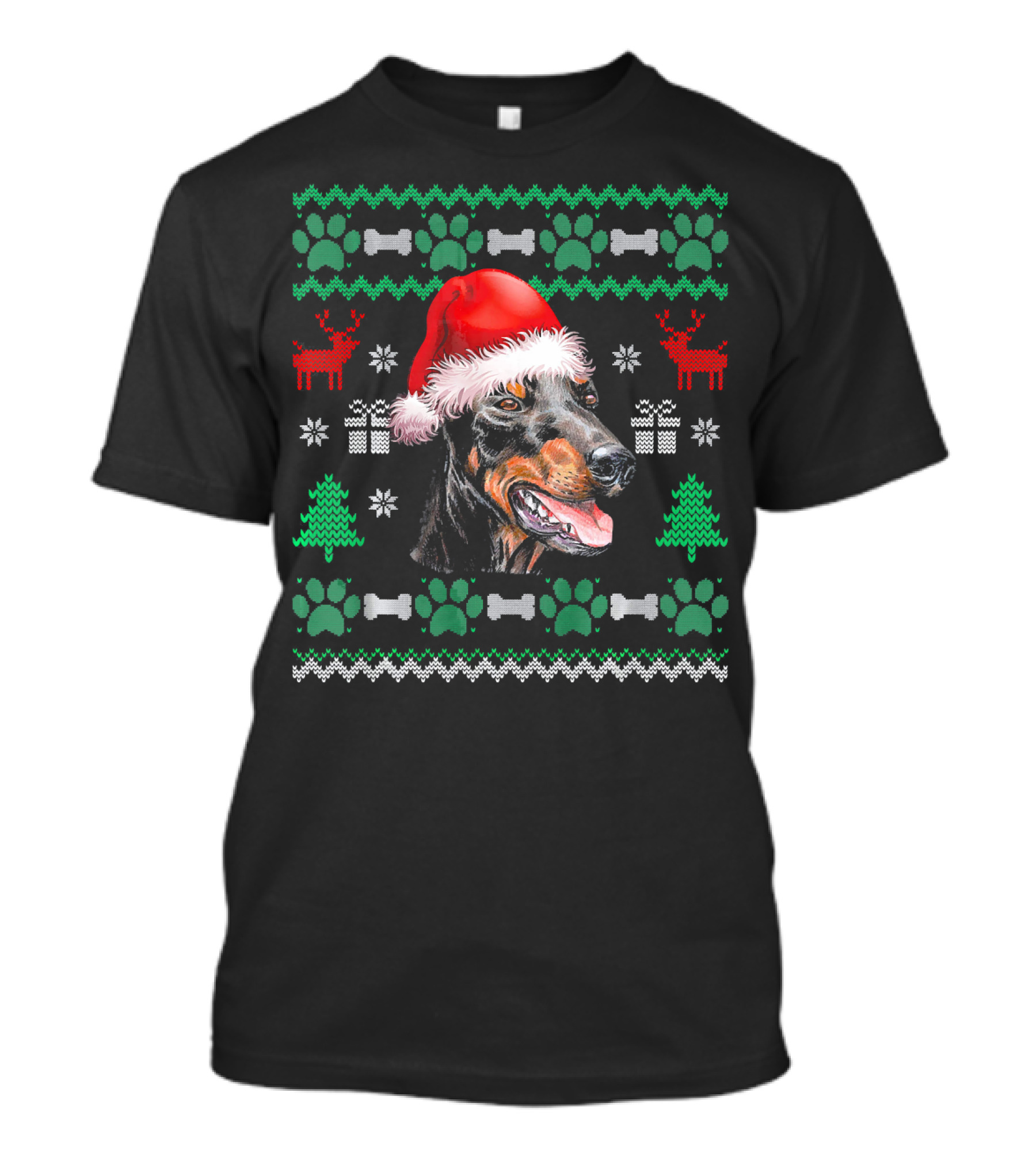Doberman Santa Hat Christmas Ugly Sweater Reindeer Paw Bones Gift T-Shirt