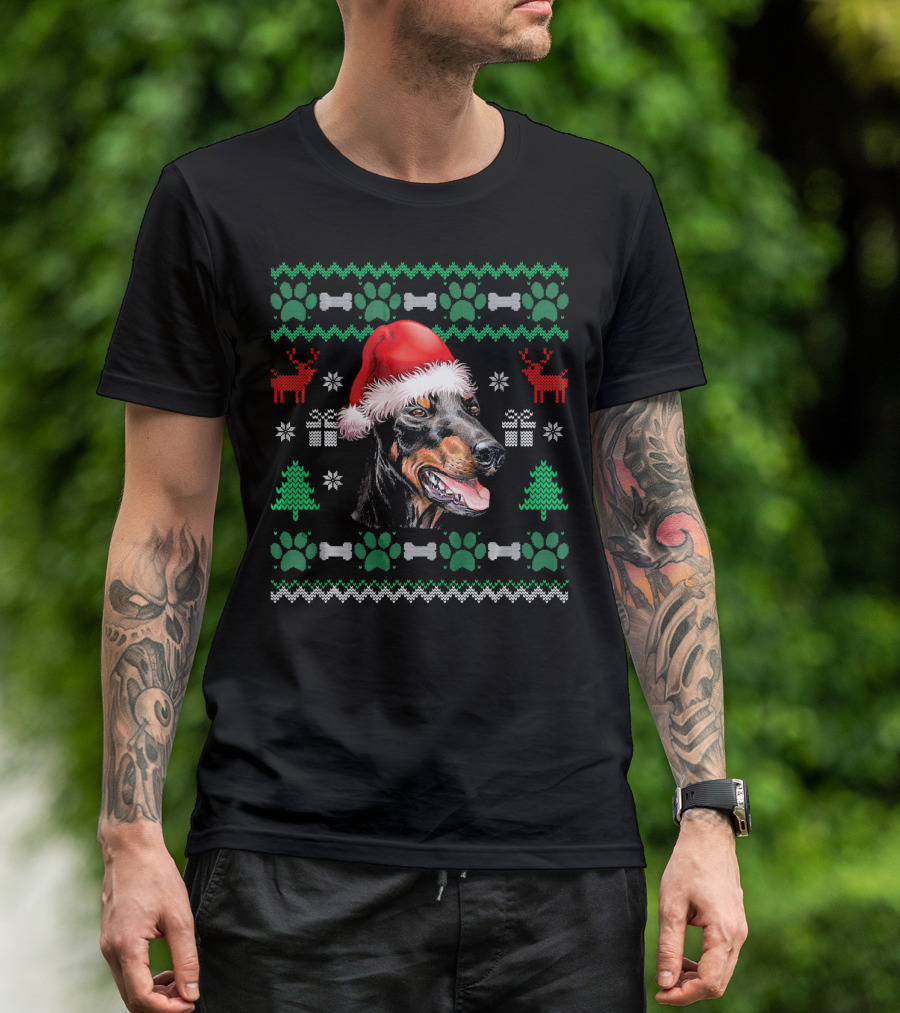Doberman Santa Hat Christmas Ugly Sweater Reindeer Paw Bones Gift T-Shirt